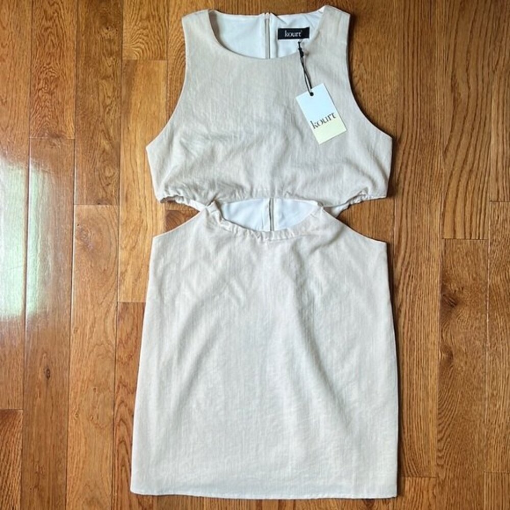 KOURT Cut Out Mini Dress Size Large Beige Neutral Vacation Coastal Resortwear